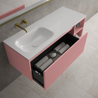 Scanalato Single Drawer Vanity Unit With Open Storage Space And Left Hand Beyondstone Basin - Dusky Pink 1200mm