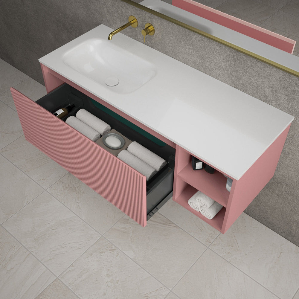 Scanalato Single Drawer Vanity Unit With Open Storage Space And Beyondstone Basin - Dusky Pink 1200mm