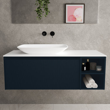 Scanalato Single Drawer Countertop Vanity Unit With Open Storage Space - Midnight Blue 1200mm
