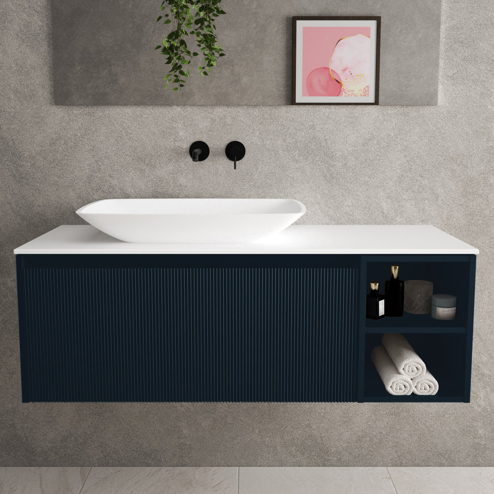 Scanalato Single Drawer Countertop Vanity Unit With Open Storage Space - Midnight Blue 1200mm