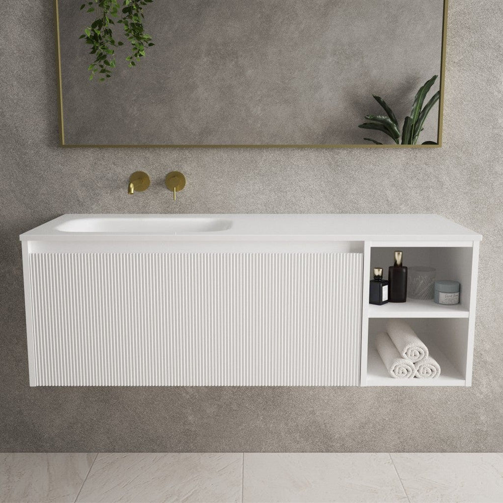 Scanalato Single Drawer Vanity Unit With Open Storage Space And Left Hand Beyondstone Basin - Pure White 1200mm
