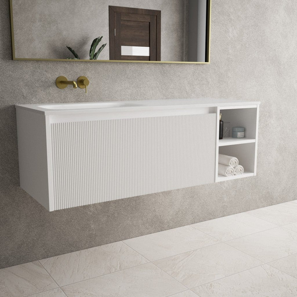 Scanalato Single Drawer Vanity Unit With Open Storage Space And Left Hand Beyondstone Basin - Pure White 1200mm