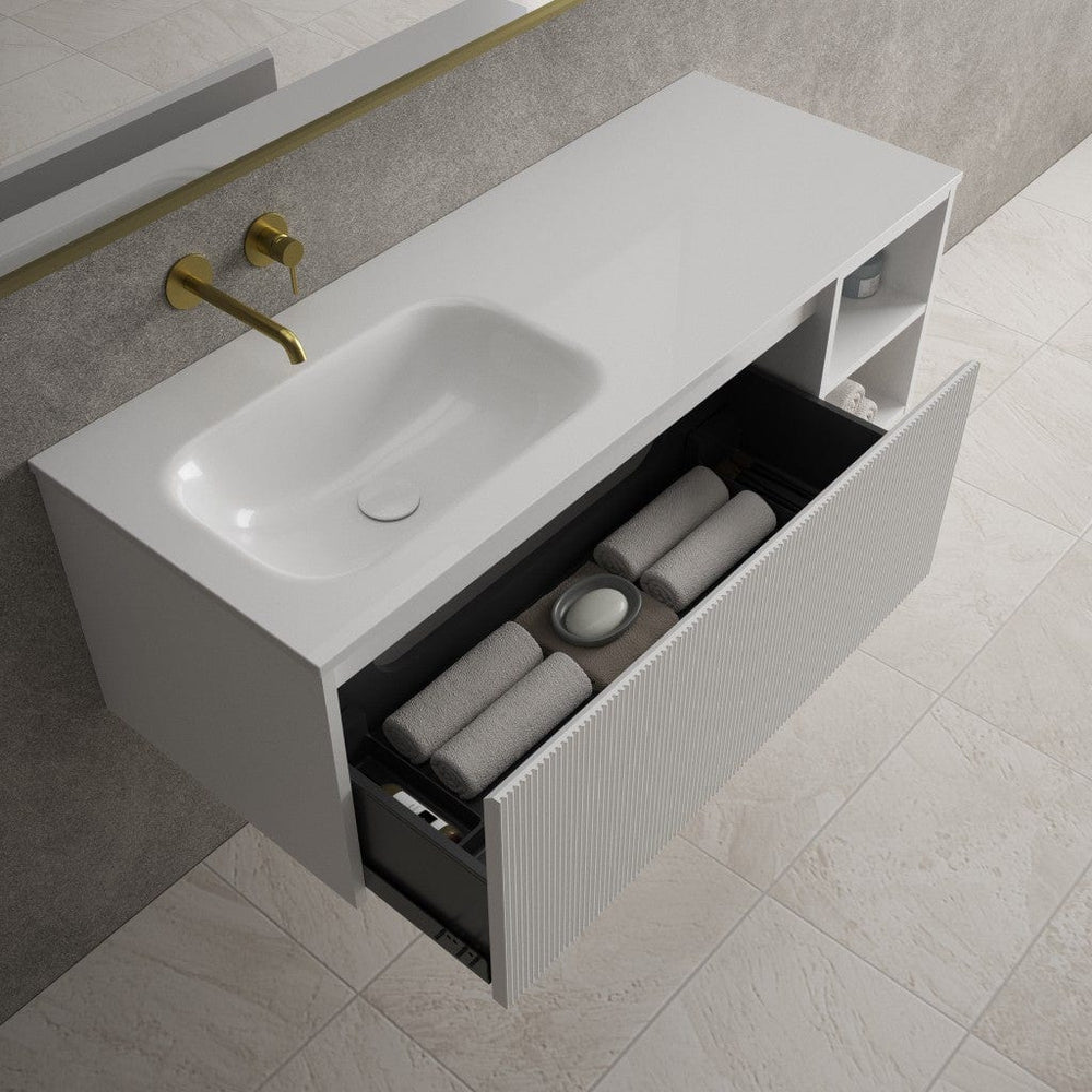 Scanalato Single Drawer Vanity Unit With Open Storage Space And Beyondstone Basin - Pure White 1200mm