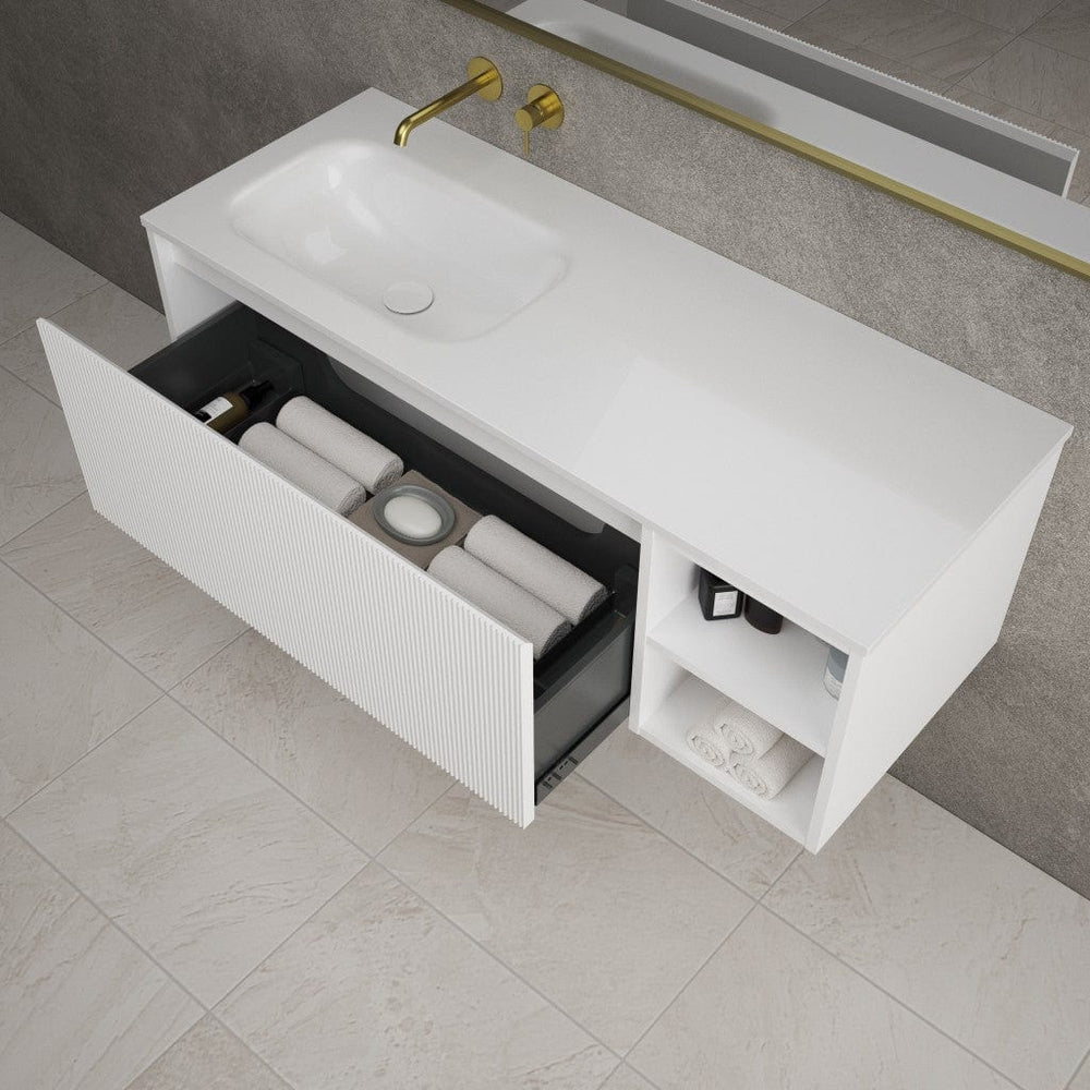 Scanalato Single Drawer Vanity Unit With Open Storage Space And Left Hand Beyondstone Basin - Pure White 1200mm