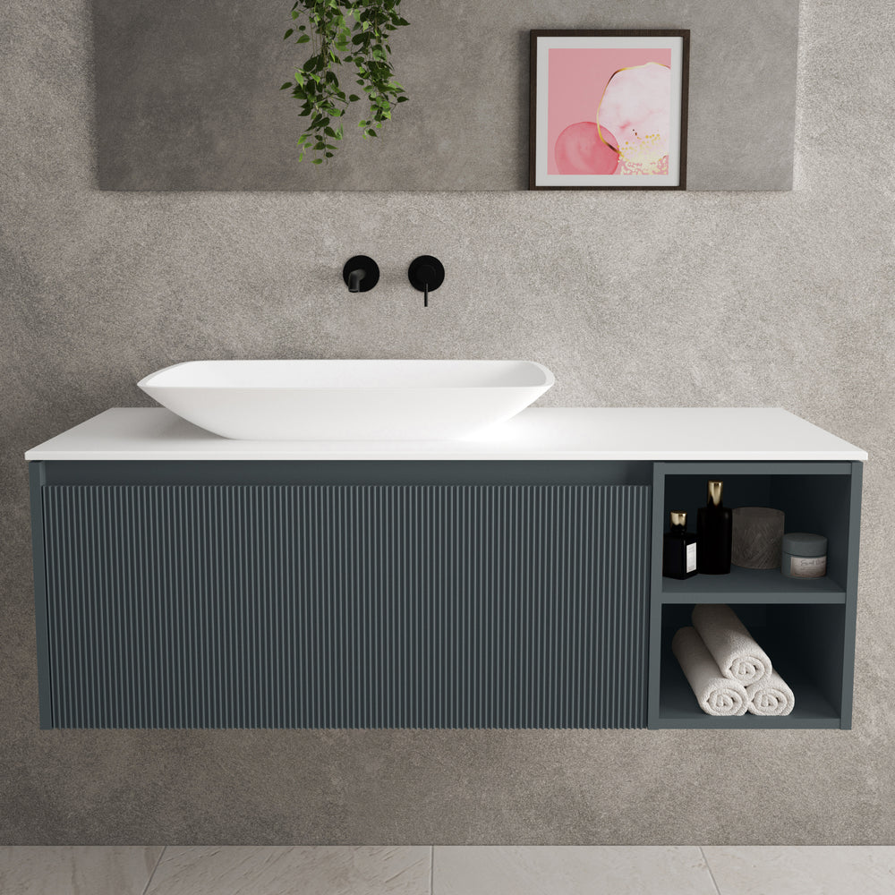 Scanalato Single Drawer Countertop Vanity Unit With Open Storage Space - Slate Grey 1200mm
