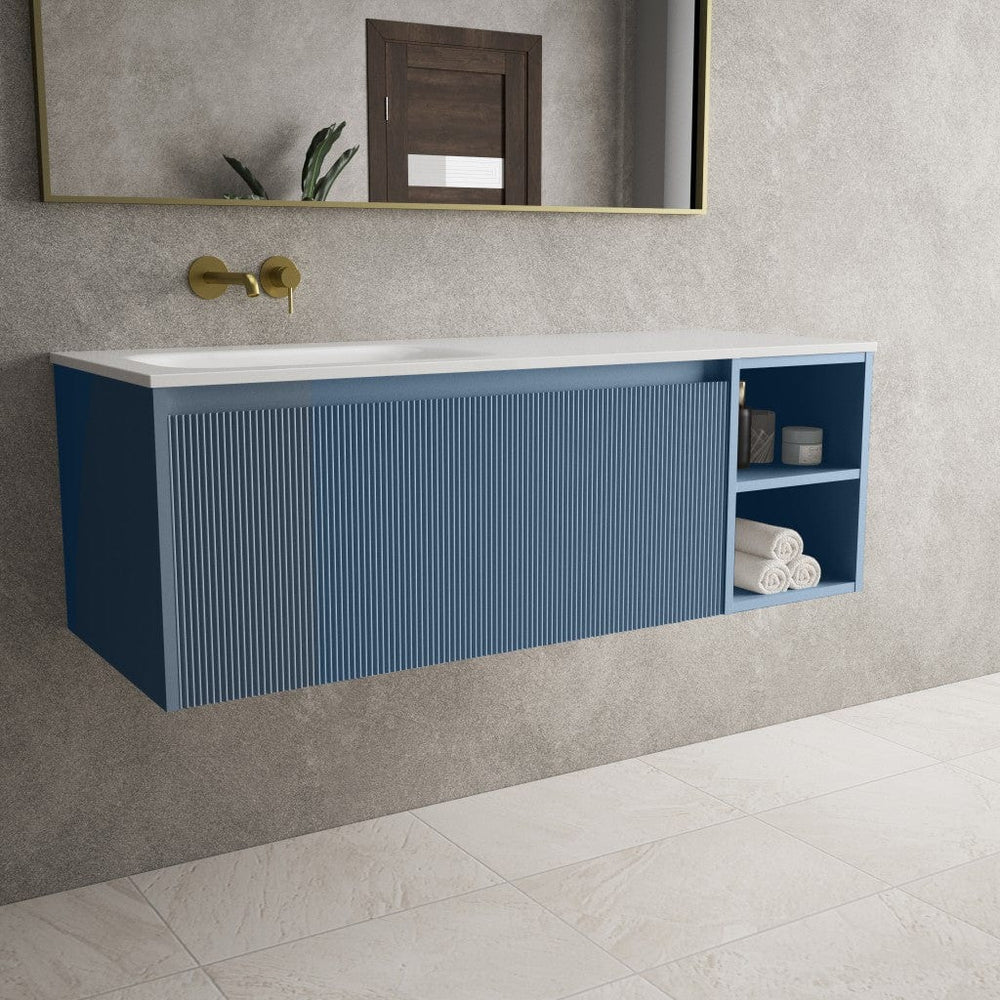 Scanalato Single Drawer Vanity Unit With Open Storage Space And Left Hand Beyondstone Basin - Soft Blue 1200mm