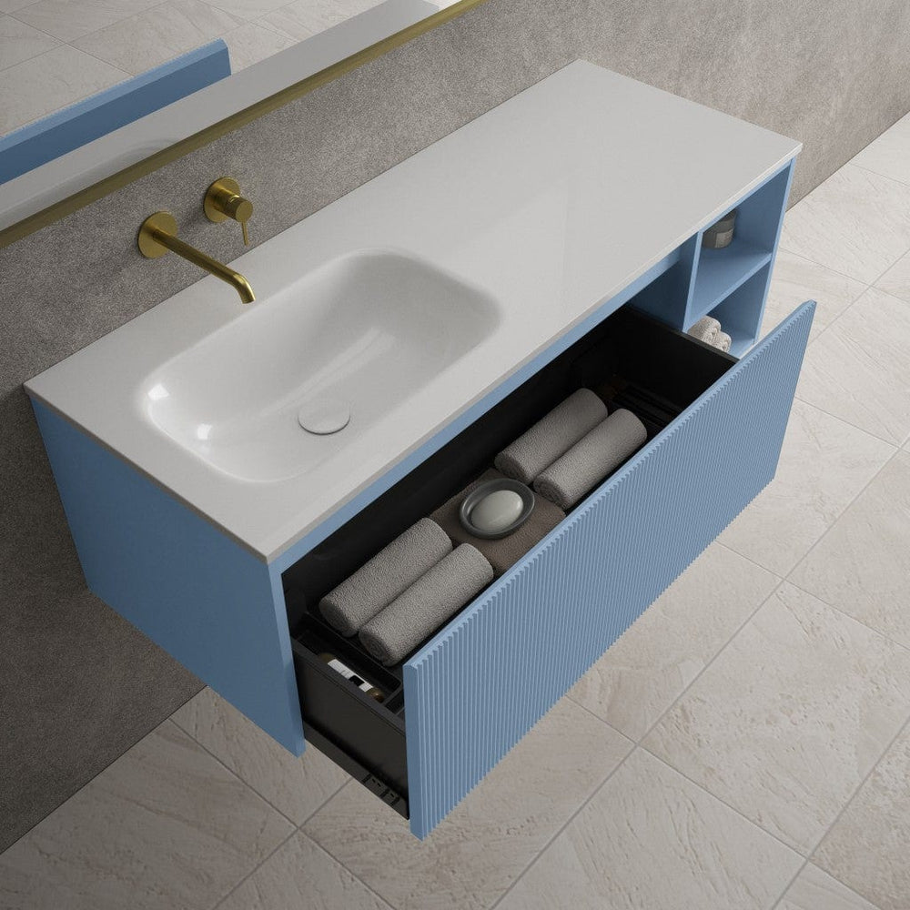 Scanalato Single Drawer Vanity Unit With Open Storage Space And Left Hand Beyondstone Basin - Soft Blue 1200mm