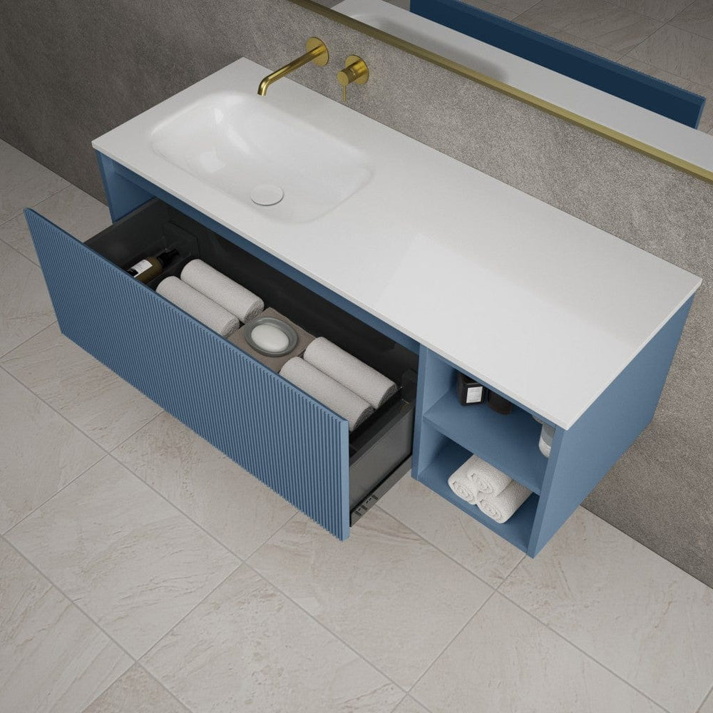 Scanalato Single Drawer Vanity Unit With Open Storage Space And Beyondstone Basin - Soft Blue 1200mm