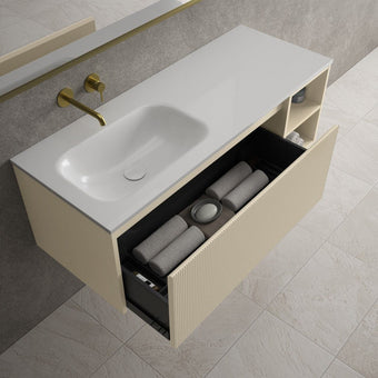 Scanalato Single Drawer Vanity Unit With Open Storage Space And Left Hand Beyondstone Basin - Cashmere 1200mm