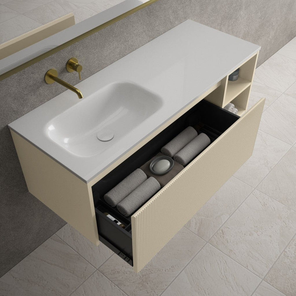 Scanalato Single Drawer Vanity Unit With Open Storage Space And Beyondstone Basin - Cashmere 1200mm