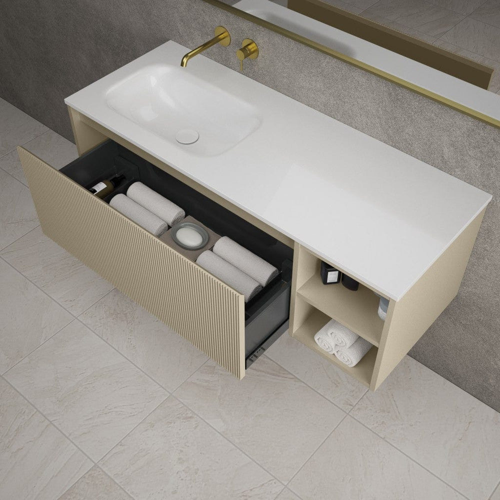 Scanalato Single Drawer Vanity Unit With Open Storage Space And Beyondstone Basin - Cashmere 1200mm