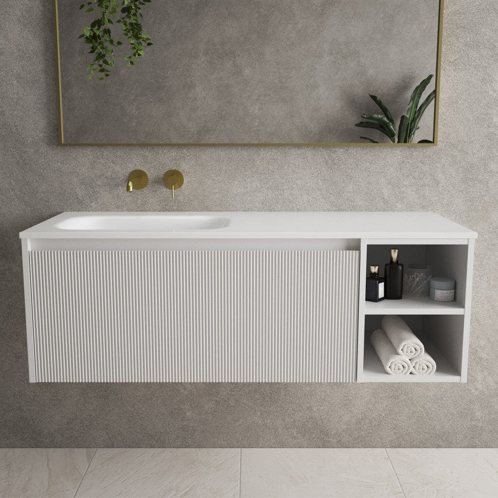 Scanalato Single Drawer Vanity Unit With Open Storage Space And Left Hand Beyondstone Basin - Soft Grey 1200mm