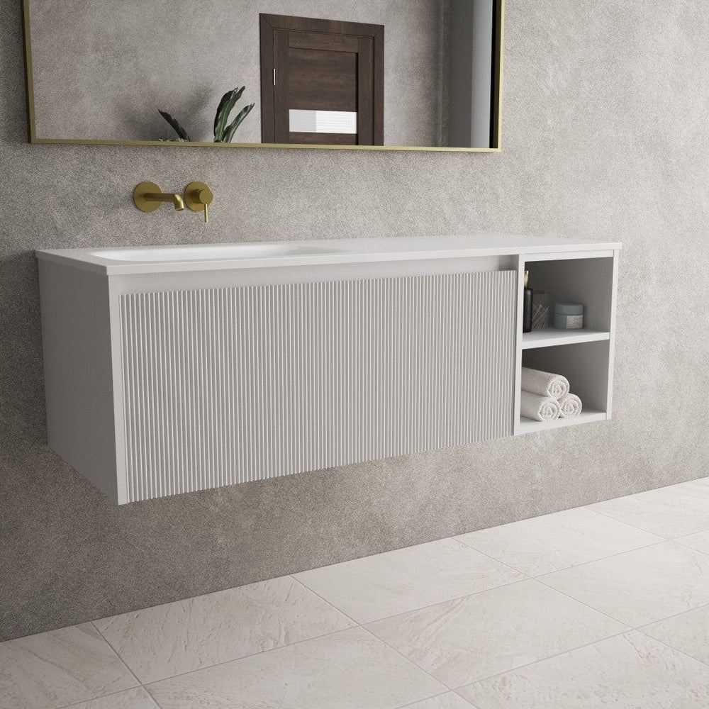 Scanalato Single Drawer Vanity Unit With Open Storage Space And Beyondstone Basin - Soft Grey 1200mm
