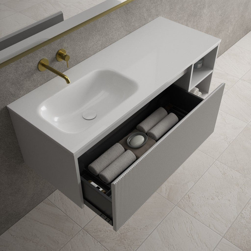 Scanalato Single Drawer Vanity Unit With Open Storage Space And Left Hand Beyondstone Basin - Soft Grey 1200mm