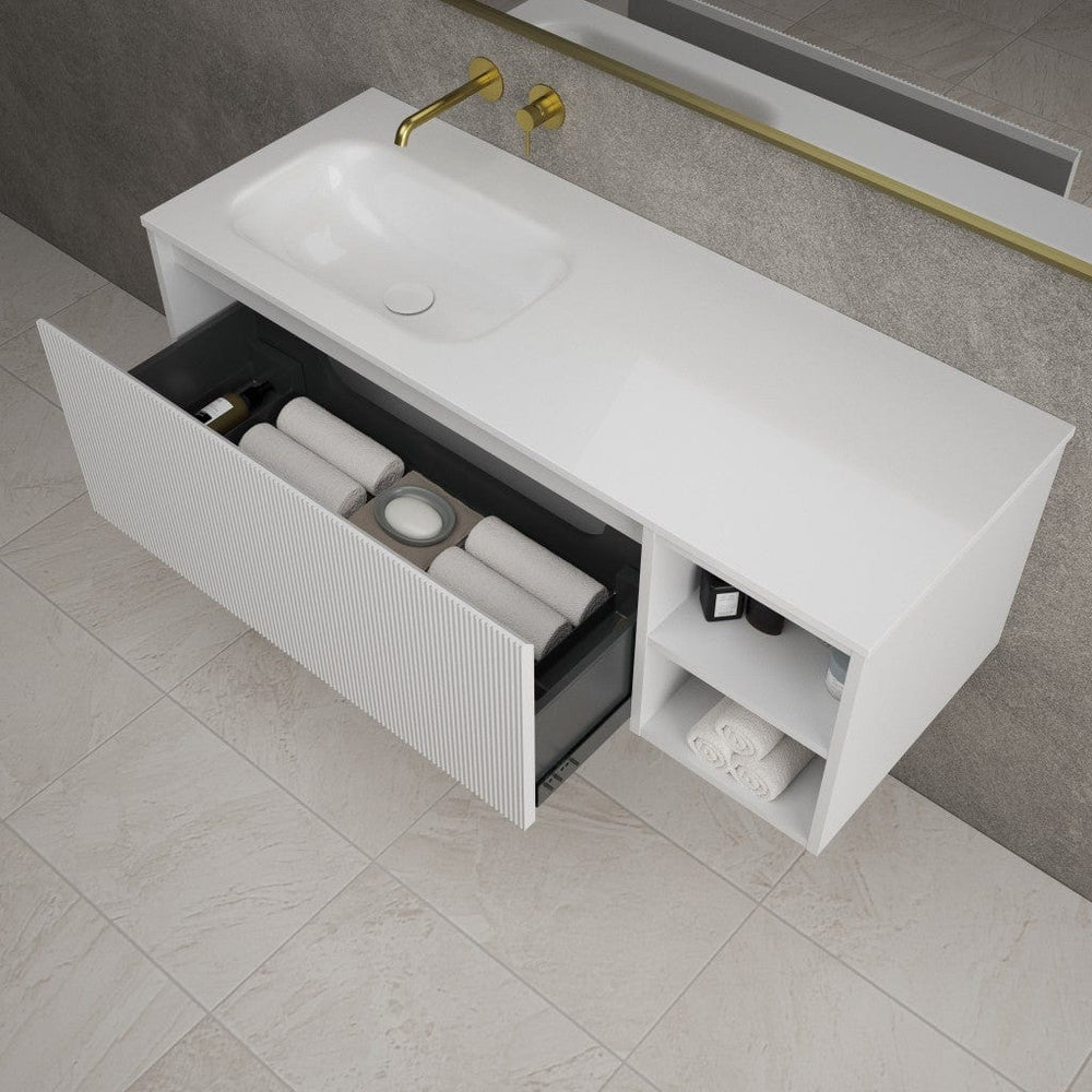 Scanalato Single Drawer Vanity Unit With Open Storage Space And Left Hand Beyondstone Basin - Soft Grey 1200mm