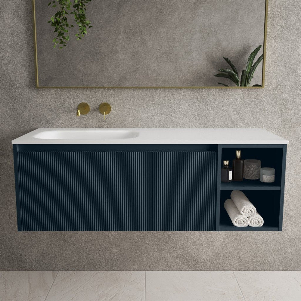Scanalato Single Drawer Vanity Unit With Open Storage Space And Left Hand Beyondstone Basin - Midnight Blue 1200mm