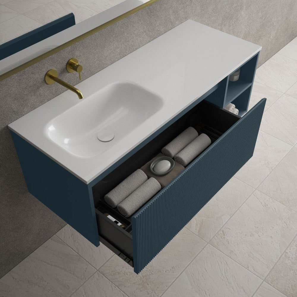 Scanalato Single Drawer Vanity Unit With Open Storage Space And Left Hand Beyondstone Basin - Midnight Blue 1200mm