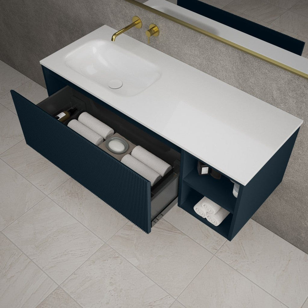 Scanalato Single Drawer Vanity Unit With Open Storage Space And Beyondstone Basin - Midnight Blue 1200mm