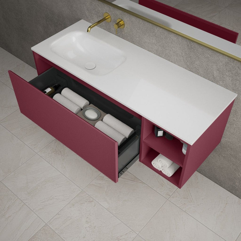 Scanalato Single Drawer Vanity Unit With Open Storage Space And Left Hand Beyondstone Basin - Mineral Red 1200mm