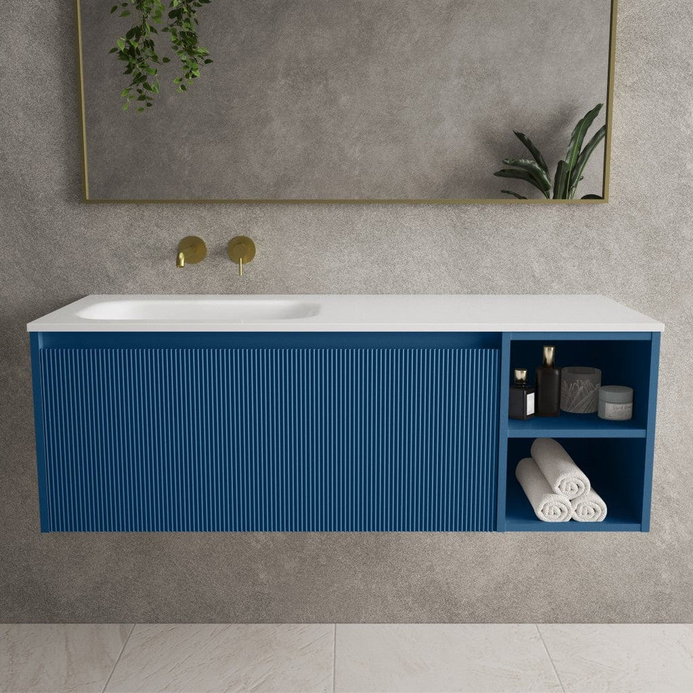 Scanalato Single Drawer Vanity Unit With Open Storage Space And Beyondstone Basin - Ocean Blue 1200mm