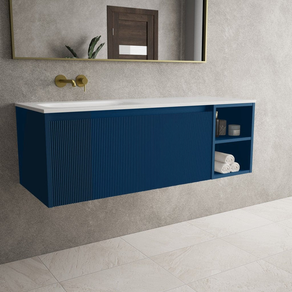 Scanalato Single Drawer Vanity Unit With Open Storage Space And Beyondstone Basin - Ocean Blue 1200mm
