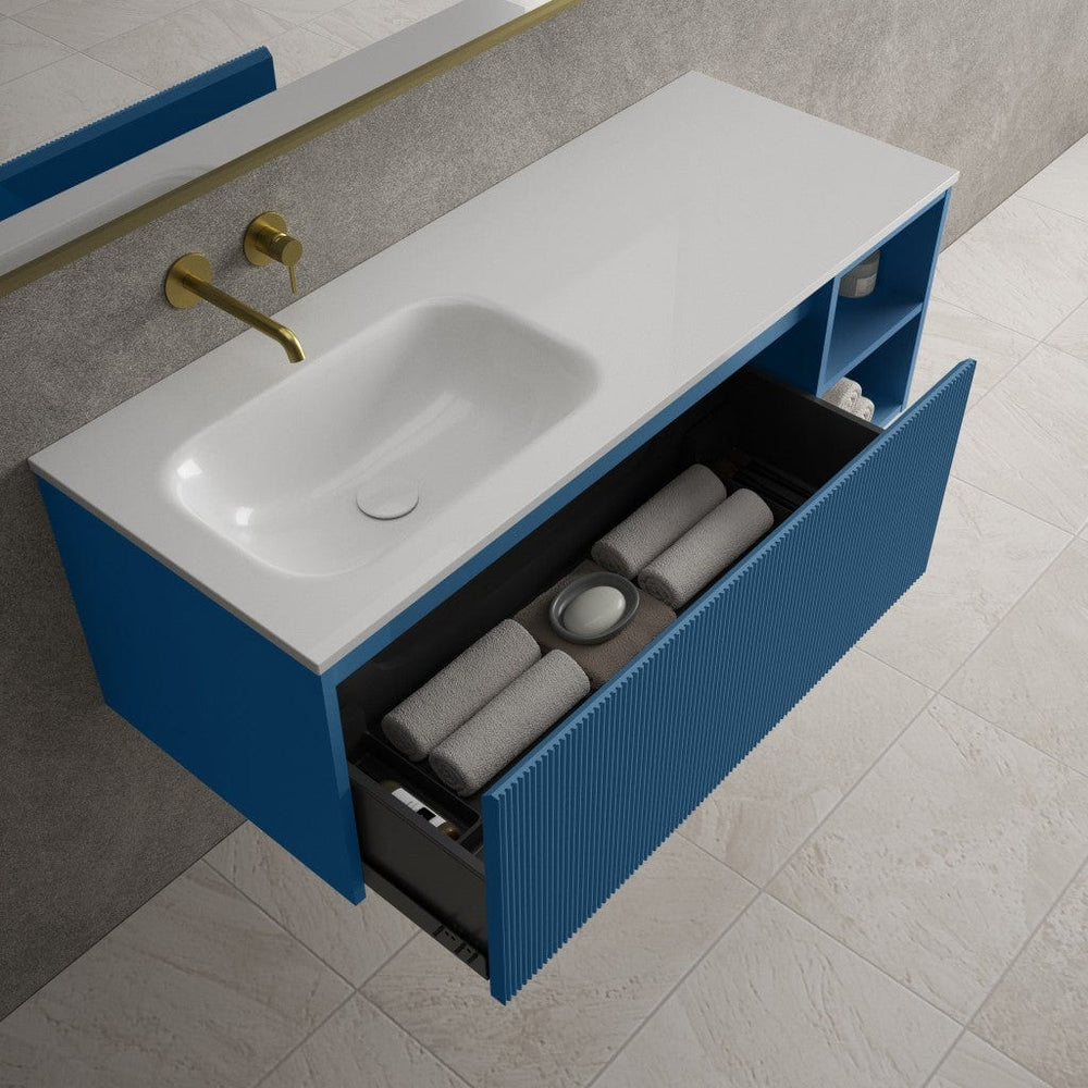 Scanalato Single Drawer Vanity Unit With Open Storage Space And Beyondstone Basin - Ocean Blue 1200mm