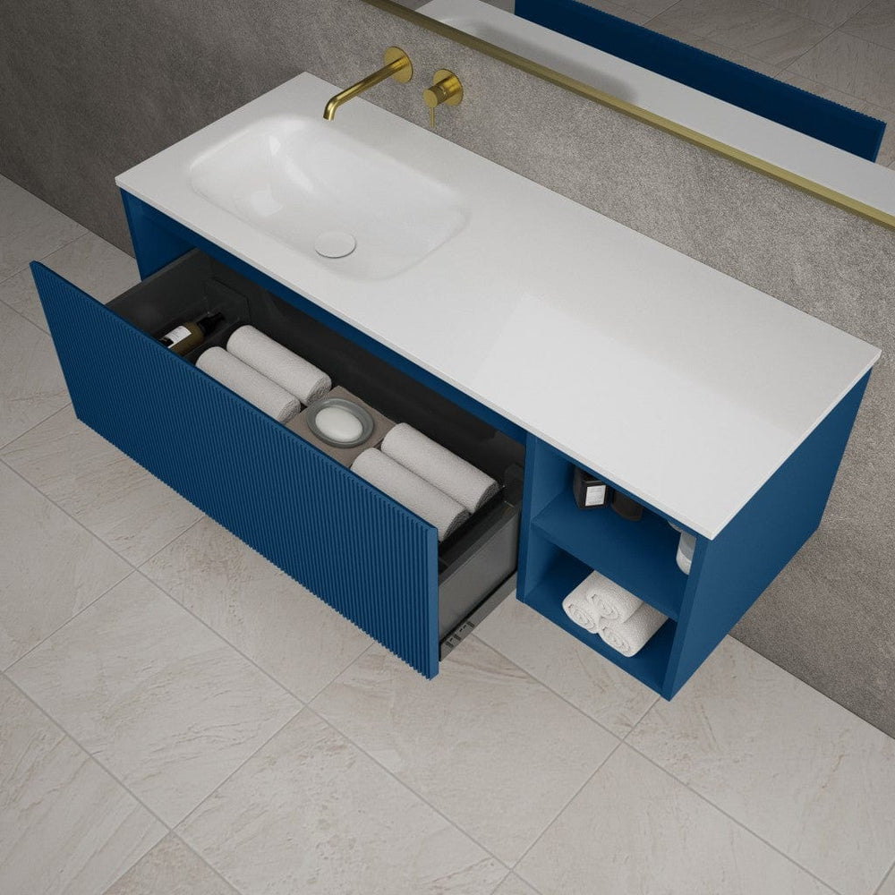 Scanalato Single Drawer Vanity Unit With Open Storage Space And Left Hand Beyondstone Basin - Ocean Blue 1200mm