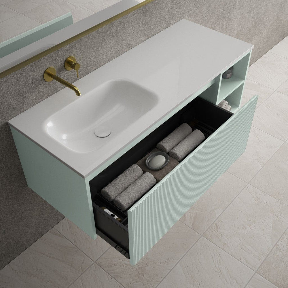 Scanalato Single Drawer Vanity Unit With Open Storage Space And Beyondstone Basin - Peppermint 1200mm