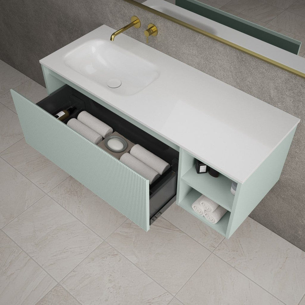 Scanalato Single Drawer Vanity Unit With Open Storage Space And Left Hand Beyondstone Basin - Peppermint 1200mm