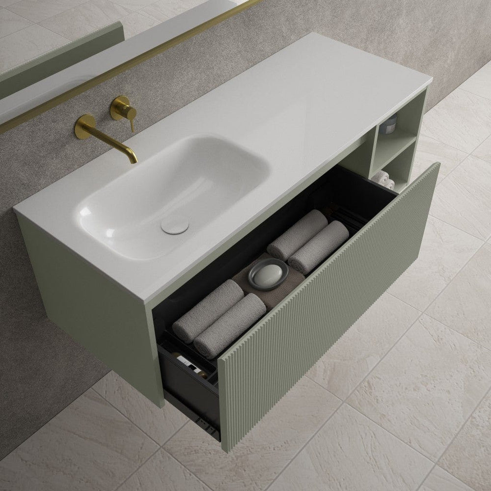 Scanalato Single Drawer Vanity Unit With Open Storage Space And Beyondstone Basin - Pistachio 1200mm