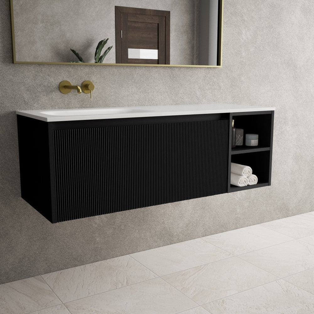 Scanalato Single Drawer Vanity Unit With Open Storage Space And Left Hand Beyondstone Basin - Pure Black 1200mm