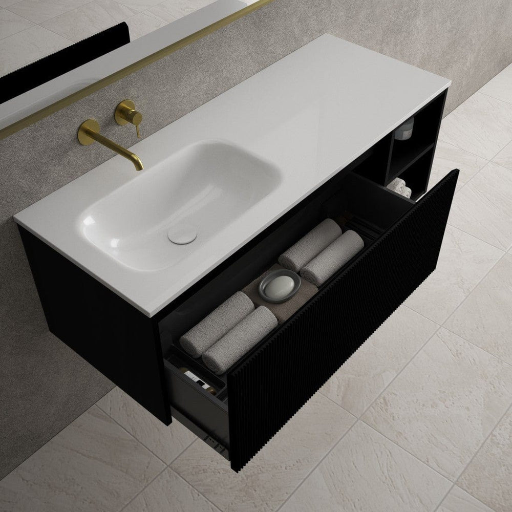 Scanalato Single Drawer Vanity Unit With Open Storage Space And Left Hand Beyondstone Basin - Pure Black 1200mm