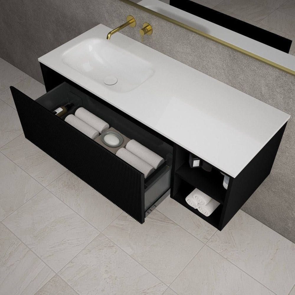 Scanalato Single Drawer Vanity Unit With Open Storage Space And Left Hand Beyondstone Basin - Pure Black 1200mm