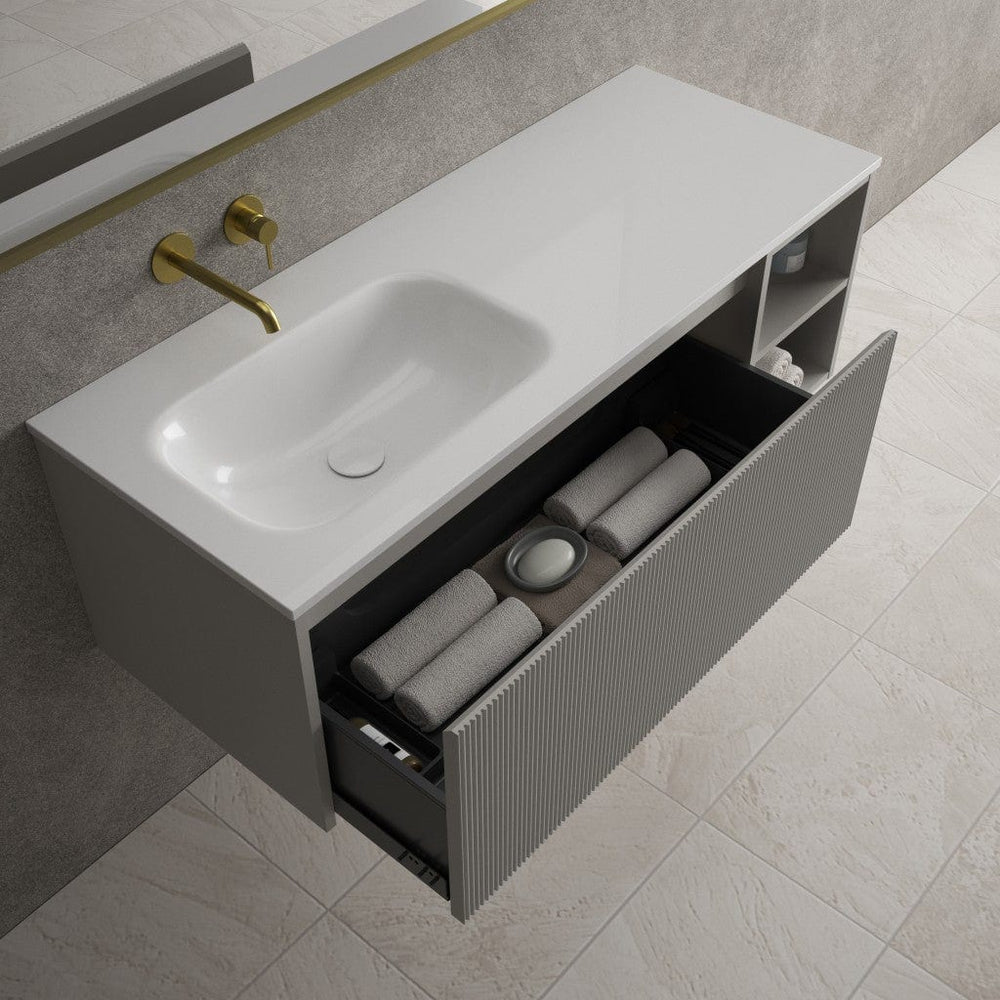 Scanalato Single Drawer Vanity Unit With Open Storage Space And Left Hand Beyondstone Basin - Rich Taupe 1200mm