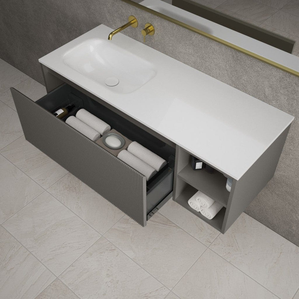 Scanalato Single Drawer Vanity Unit With Open Storage Space And Left Hand Beyondstone Basin - Rich Taupe 1200mm
