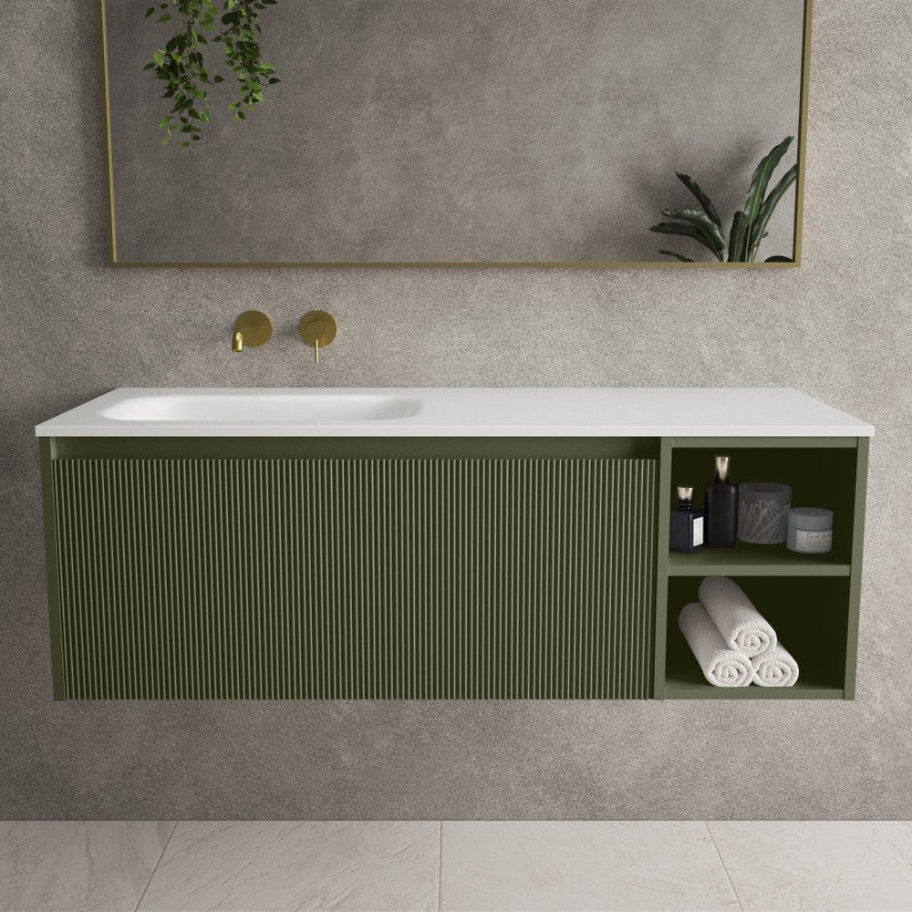 Scanalato Single Drawer Vanity Unit With Open Storage Space And Beyondstone Basin - Seaweed 1200mm