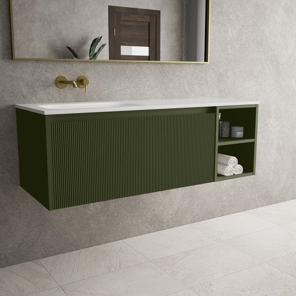 Scanalato Single Drawer Vanity Unit With Open Storage Space And Beyondstone Basin - Seaweed 1200mm
