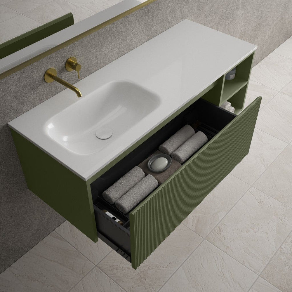 Scanalato Single Drawer Vanity Unit With Open Storage Space And Beyondstone Basin - Seaweed 1200mm