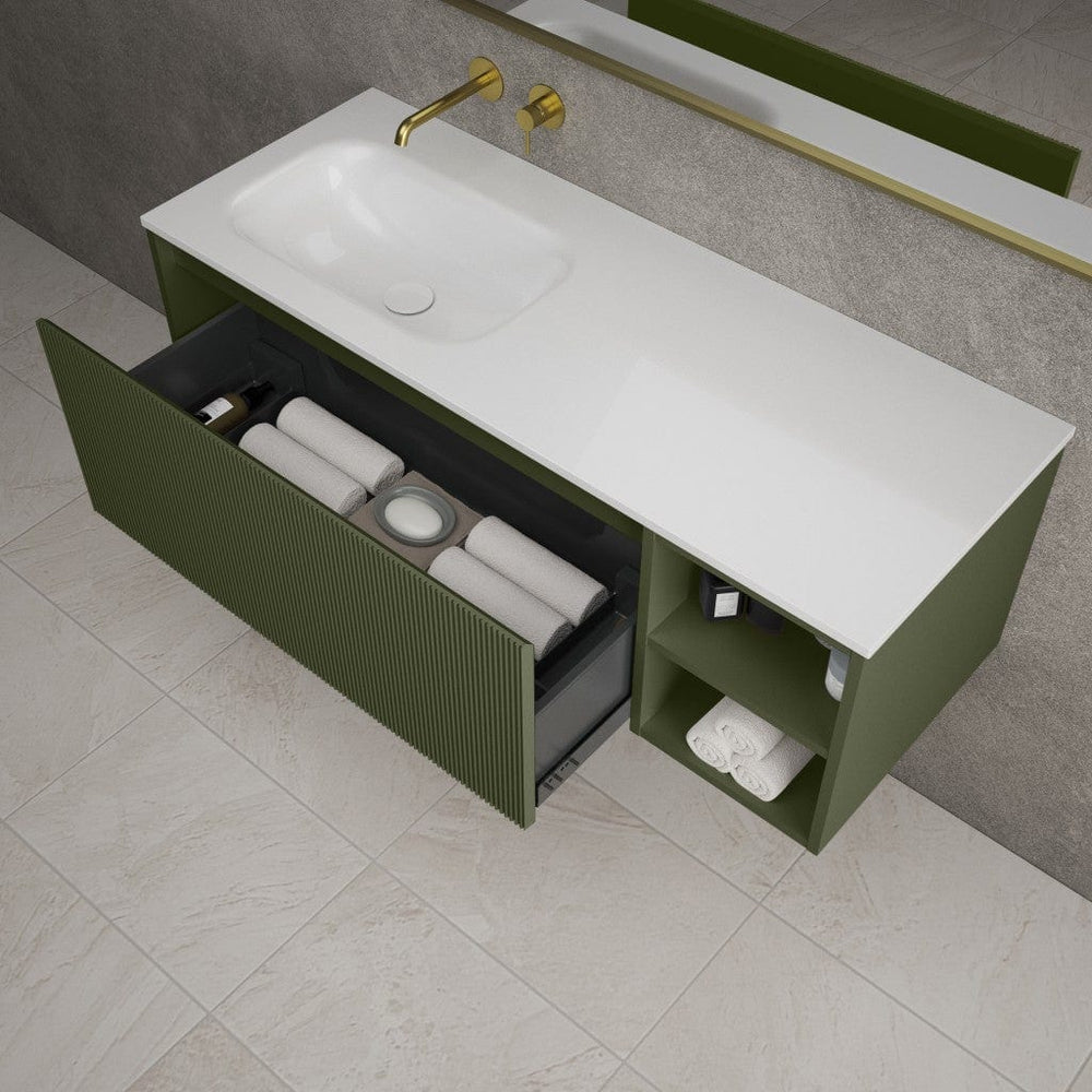 Scanalato Single Drawer Vanity Unit With Open Storage Space And Beyondstone Basin - Seaweed 1200mm