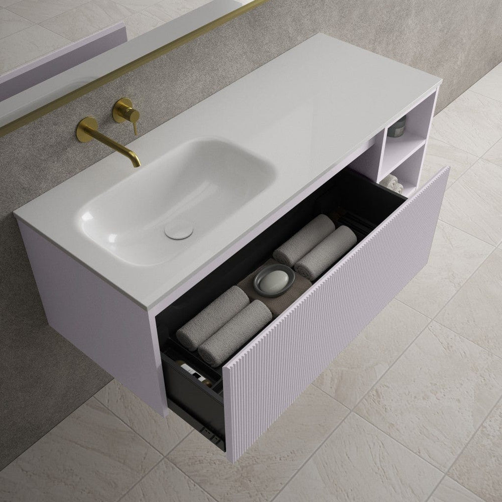 Scanalato Single Drawer Vanity Unit With Open Storage Space And Beyondstone Basin - Soft Violet 1200mm