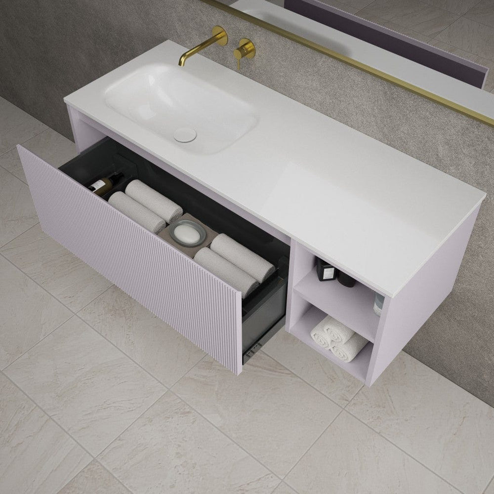 Scanalato Single Drawer Vanity Unit With Open Storage Space And Beyondstone Basin - Soft Violet 1200mm