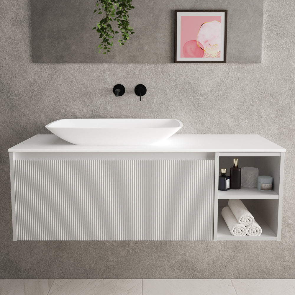 Scanalato Single Drawer Countertop Vanity Unit With Open Storage Space - Soft Grey 1200mm
