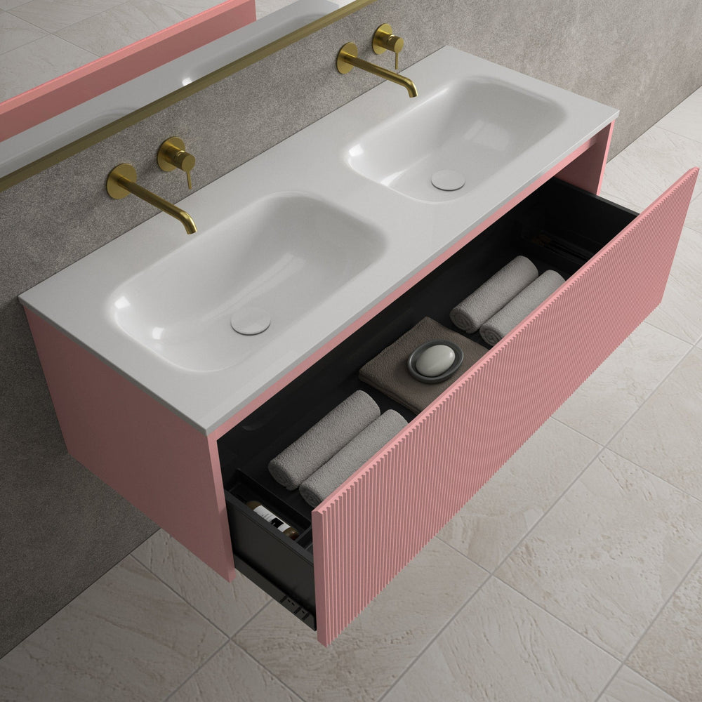Scanalato Single Drawer Vanity Unit With Beyondstone Double Basin - Dusky Pink 1200mm