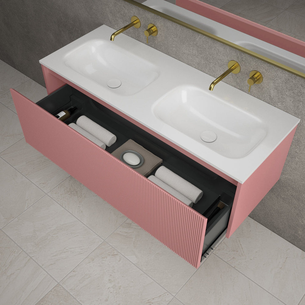 Scanalato Single Drawer Vanity Unit With Beyondstone Double Basin - Dusky Pink 1200mm