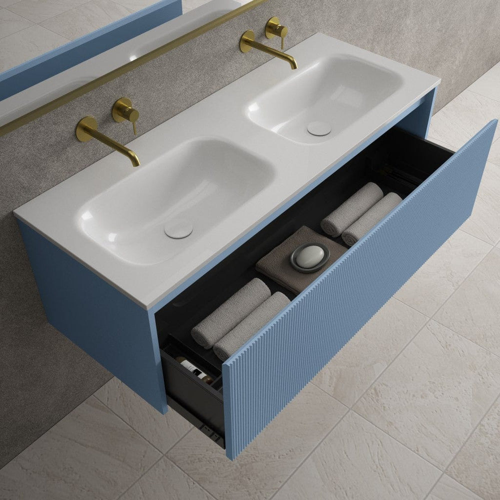 Scanalato Single Drawer Vanity Unit With Beyondstone Double Basin - Soft Blue 1200mm