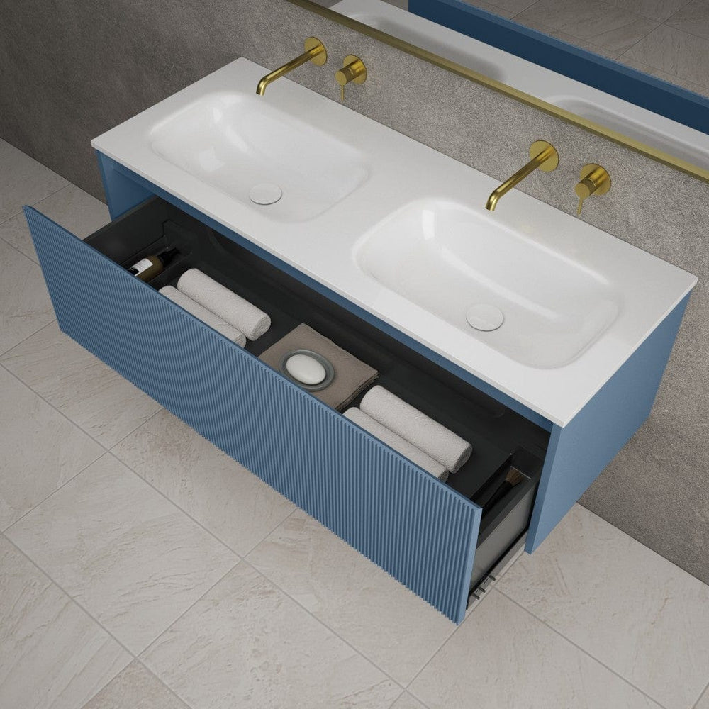 Scanalato Single Drawer Vanity Unit With Beyondstone Double Basin - Soft Blue 1200mm