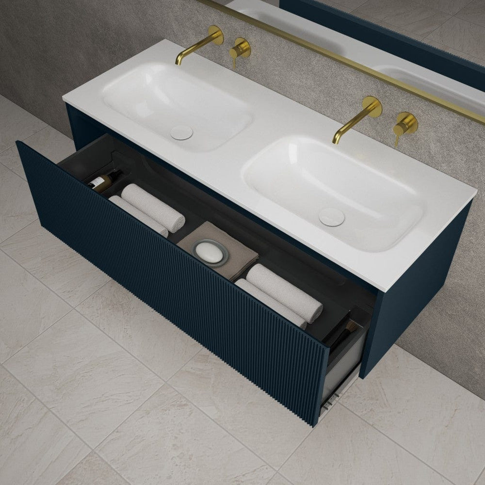 Scanalato Single Drawer Vanity Unit With Beyondstone Double Basin - Midnight Blue 1200mm
