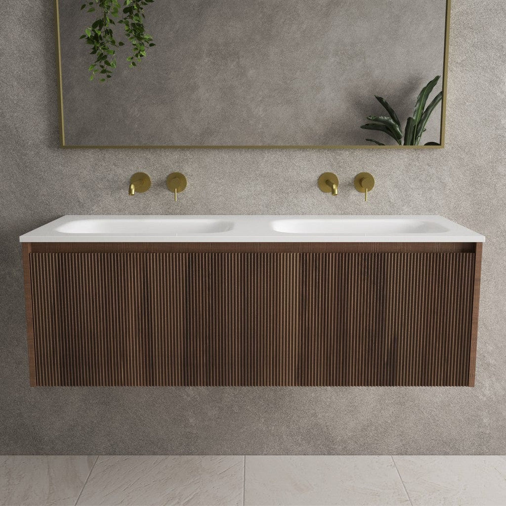 Scanalato Single Drawer Vanity Unit With Beyondstone Double Basin - Walnut 1200mm