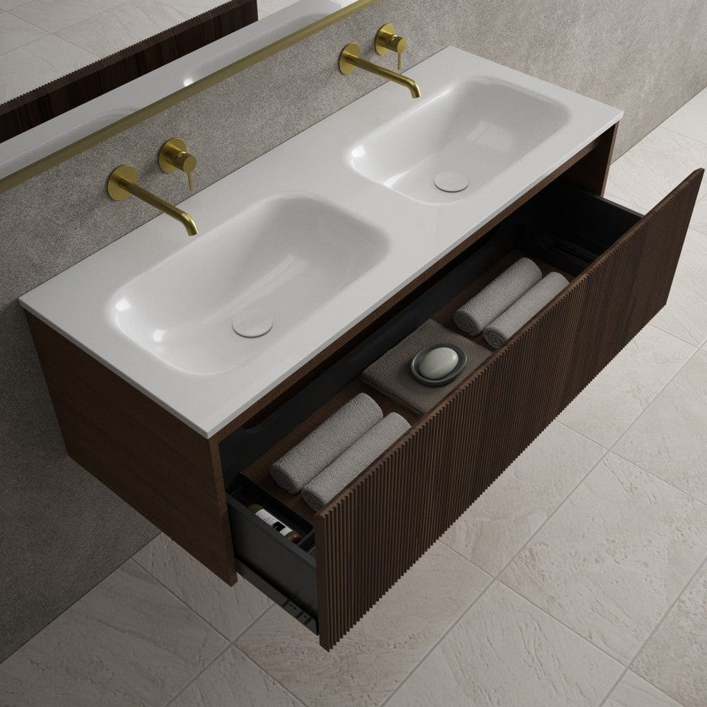 Scanalato Single Drawer Vanity Unit With Beyondstone Double Basin - Walnut 1200mm