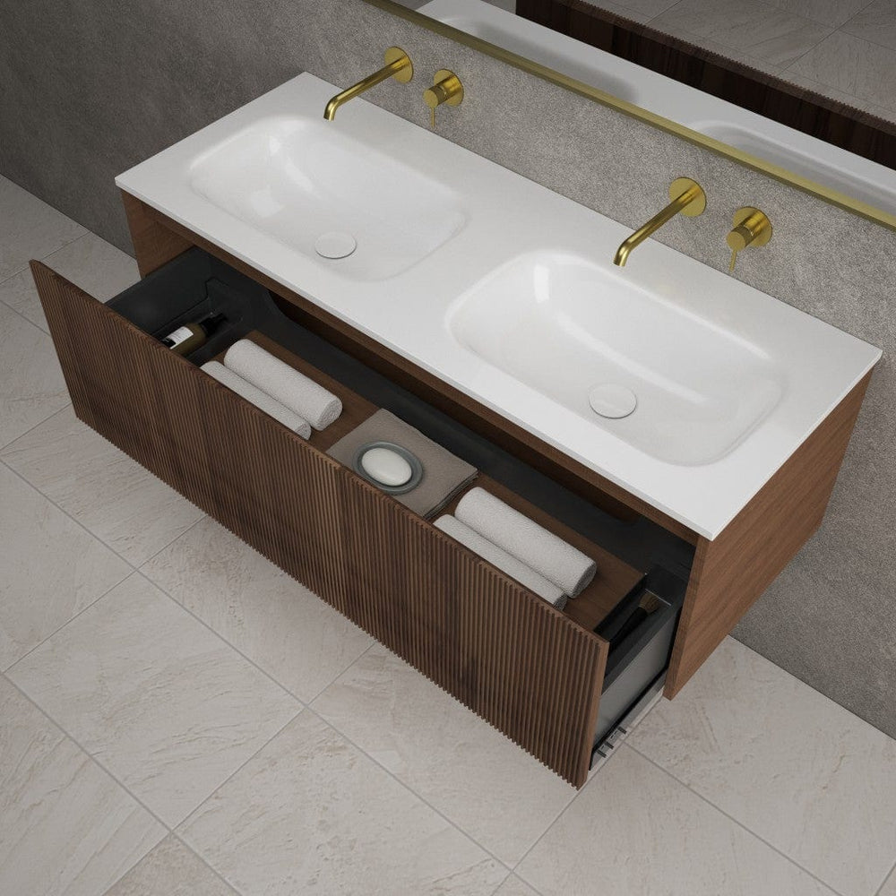 Scanalato Single Drawer Vanity Unit With Beyondstone Double Basin - Walnut 1200mm